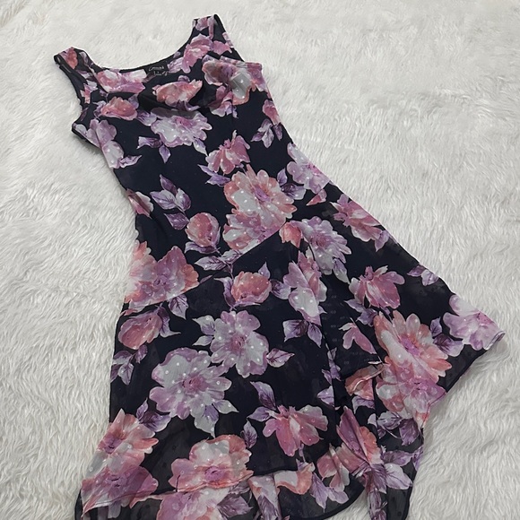 Connected Apparel High Low Dress - Black with Pink Floral - Picture 1 of 8